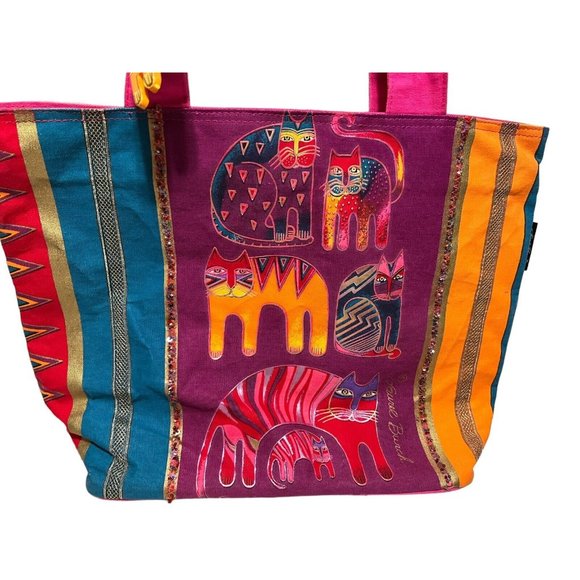 Laurel Burch Cat Geometric Large Shoulder Tote Bag Beaded Inner Pockets EUC - Picture 2 of 13